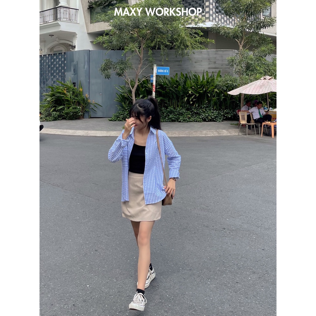 Áo sơ mi nữ tay dài sọc xanh trắng dáng rộng blue ocean shirt