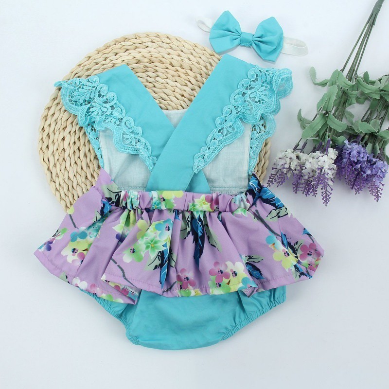 Bộ bodysuit một mảnh bông cotton in hoa + băng đô dễ thương cho bé sơ sinh