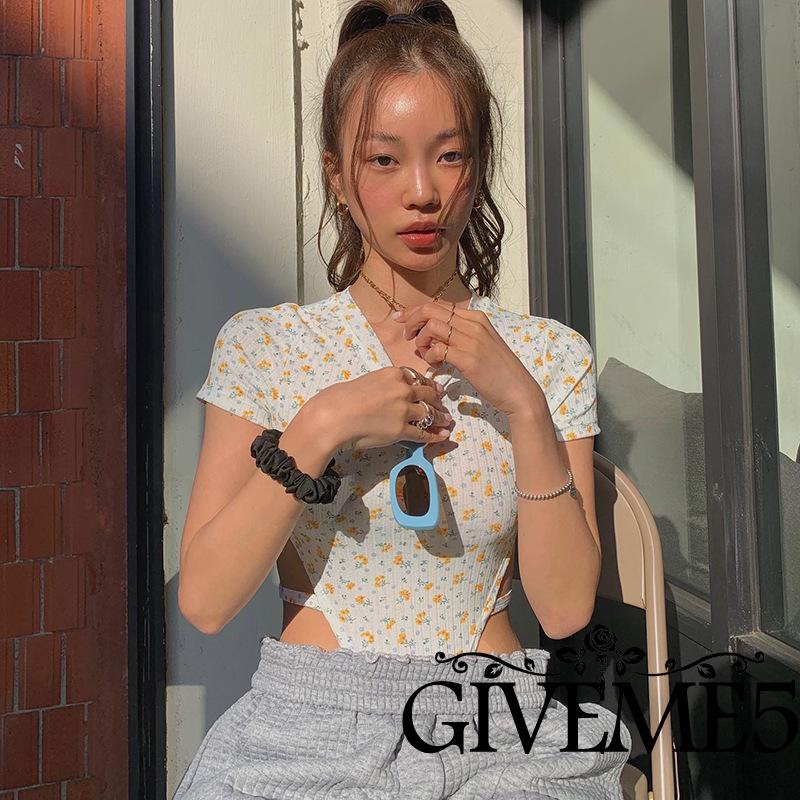 Bộ Áo Liền Quần Tay Ngắn Cổ Tròn Eo Cao In Hoa Thời Trang Cho Nữ