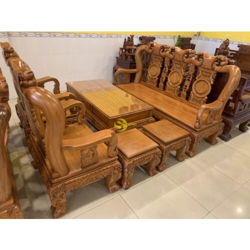 Bộ bàn ghế gõ đỏ chạm đào đẹp Sài Gòn tay 12 6 món