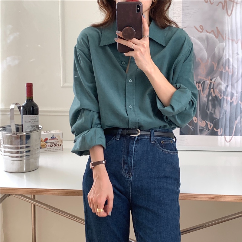 SUXI Áo Sơ Mi Dài Tay Màu Sắc Đơn Giản Phong Cách Hàn Quốc