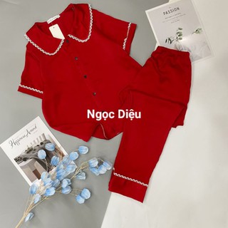 Đồ bộ Pijama đồ mặc nhà lụa áo cộc quần dài phối viền ren kiểu dáng tiểu thư 100% ảnh thật