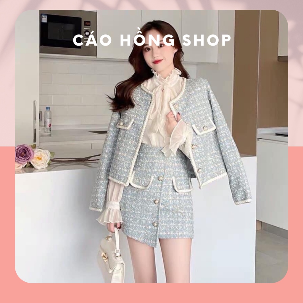 Set Dạ Tweed Kim Sa 2 Lớp, Bộ Áo Dạ Tweed Kèm Chân Váy Dạ Tweed Họa Tiết Sim Sa / Size S/M / Cáo Hồng Shop