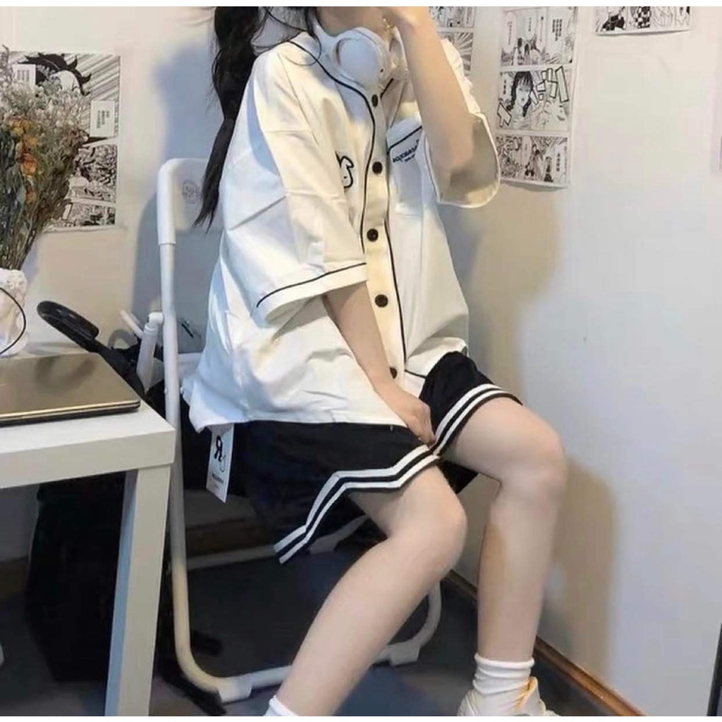 Áo sơ mi unisex, cổ chữ V, viền màu - hàng may chuẩn đẹp - logo thỏ thêu xịn xò, Chất: kate hàn, Size: &lt;55kg