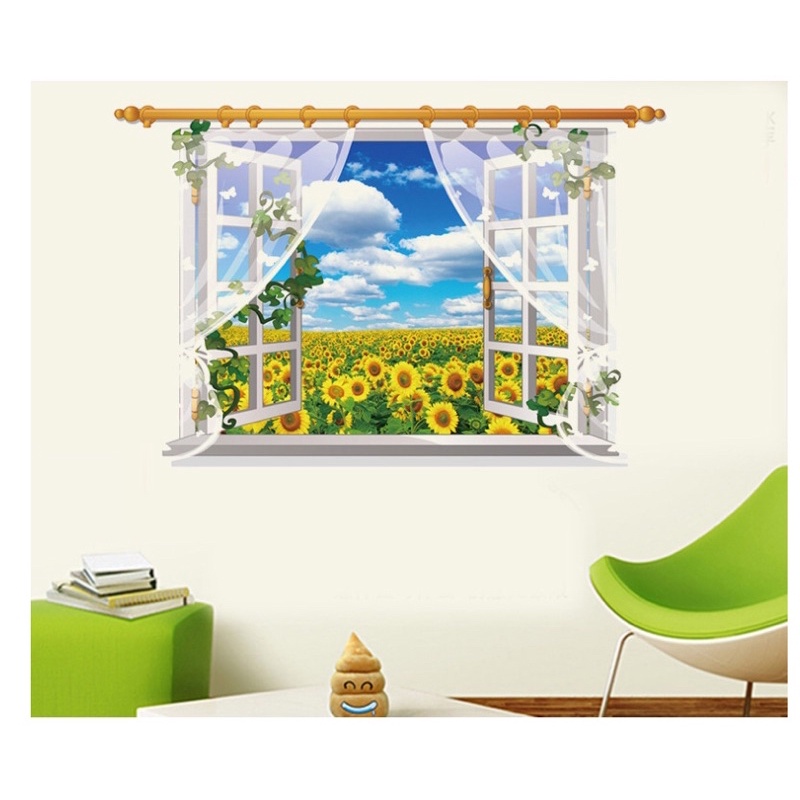 Tranh dán tường, Decal dán tường cửa sổ hoa hướng dương.