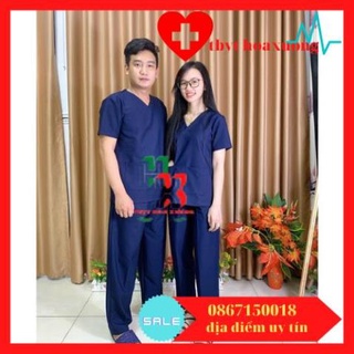Bộ Scrubs bác sĩ, blouse cổ tim, đồng phục điều dưỡng, spa, thẩm mỹ viện, dược sĩ màu xanh than