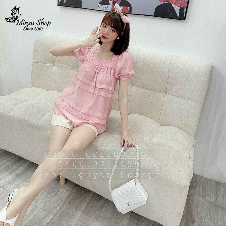 Set bộ nữ áo kiểu babydoll cổ vuông tay bồng phối quần short, thời trang nữ dự tiệc, dạo phố Minxu Shop SE07
