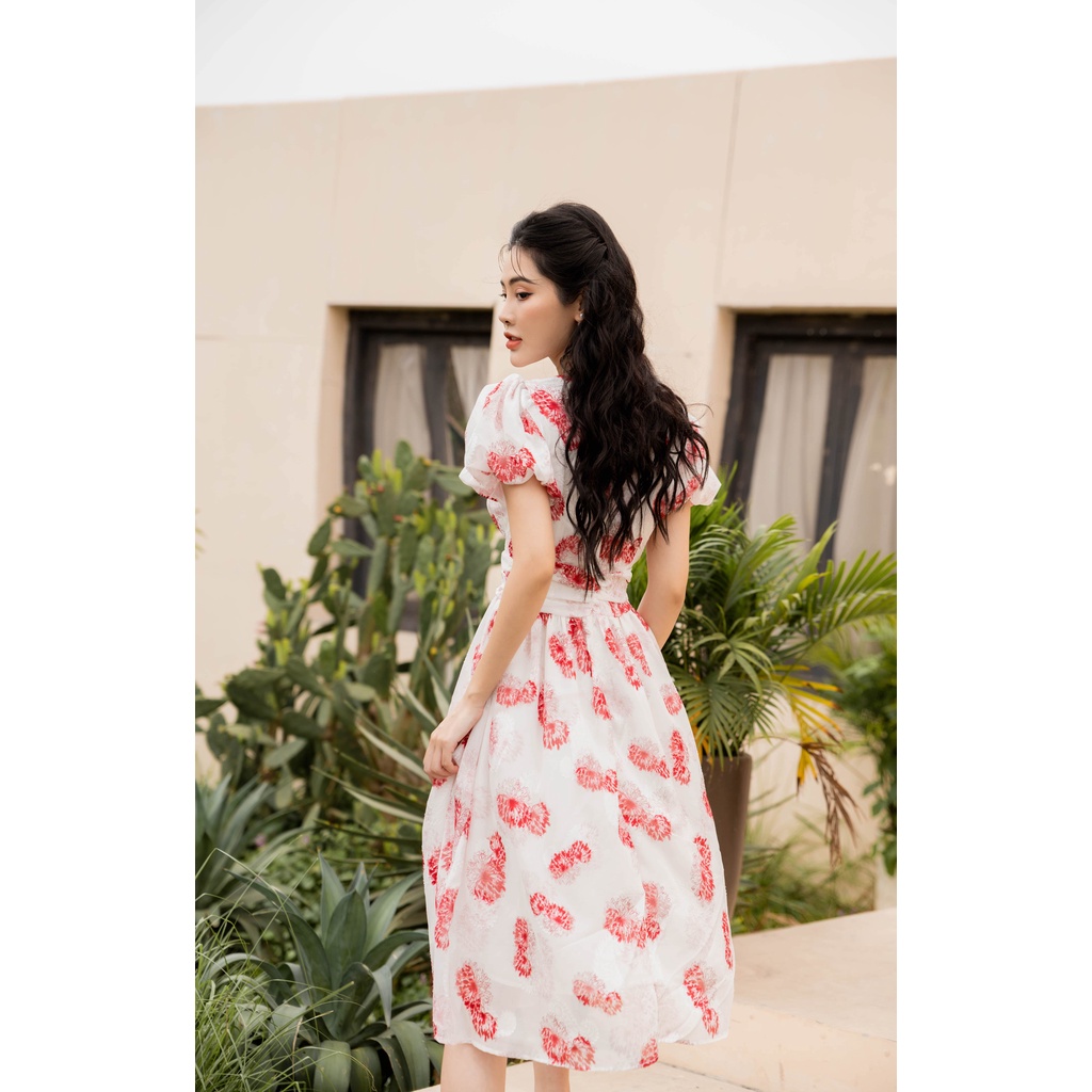 Váy đầm hoa nữ ngắn tay dáng dài cổ V tay bồng bo chun đai eo bản to có lớp lót lụa YAME