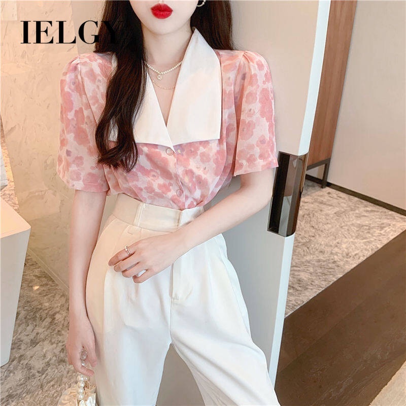Áo sơ mi IELGY tay phồng in hoa kiểu Pháp chất liệu chiffon cho nữ