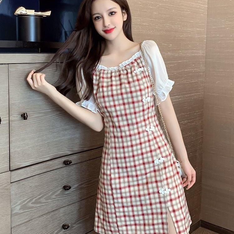 Summer split skirt Plaid cheongsam waist straight French dress | BigBuy360 - bigbuy360.vn