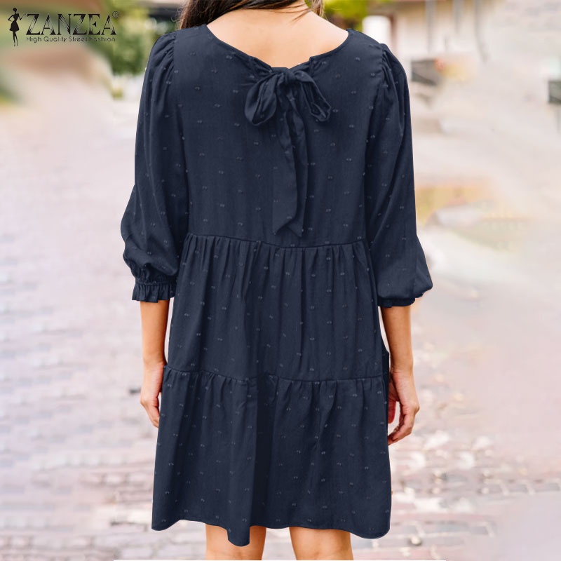 Đầm mini ZANZEA buộc dây sau lưng dáng rộng cổ tròn màu trơn cho nữ