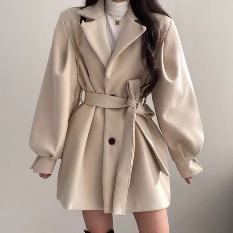 Áo khoác dạ tay phồng kèm dây đai buộc nơ eo style Hàn Quốc