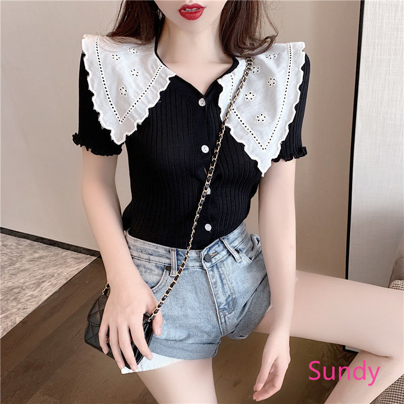 Women's Summer Doll Collar Stitching New Style Slim-fit Knitted Top