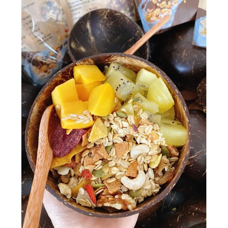 Combo Bát chén gáo dừa và muỗng dùng để ăn sữa chua salad ngũ cốc granola