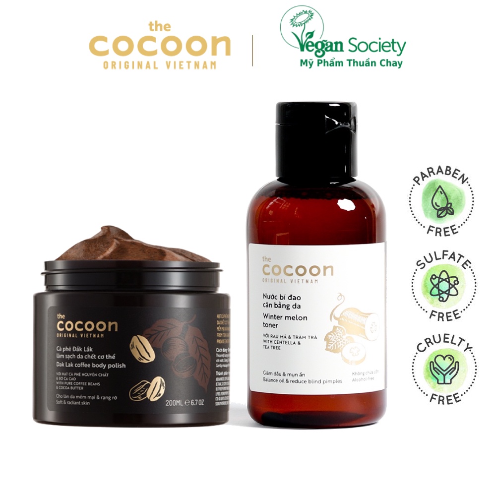 Combo Toner bí đao cân bằng da cocoon 140ml + Cà phê đắc lắc sạch da chết cocoon 200ml - Vegan Society