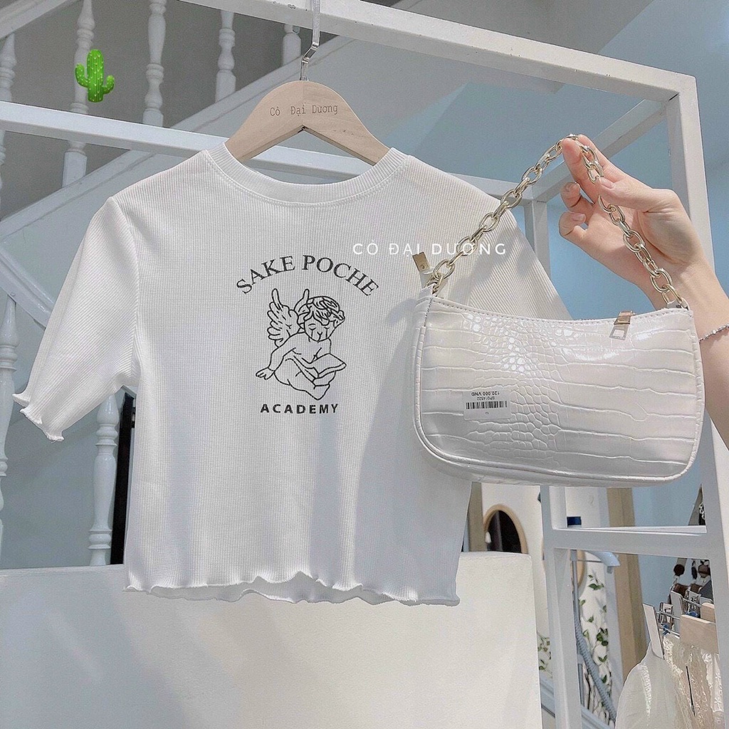 Áo croptop cuốn biên in hình thiên thần cực xinh , chất thun bozip mềm mịn ( ảnh thật )
