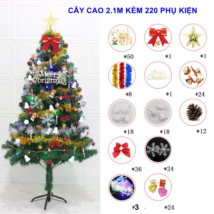 Cây thông cao 2.1m kèm đầy đủ 220 phụ kiện trang trí