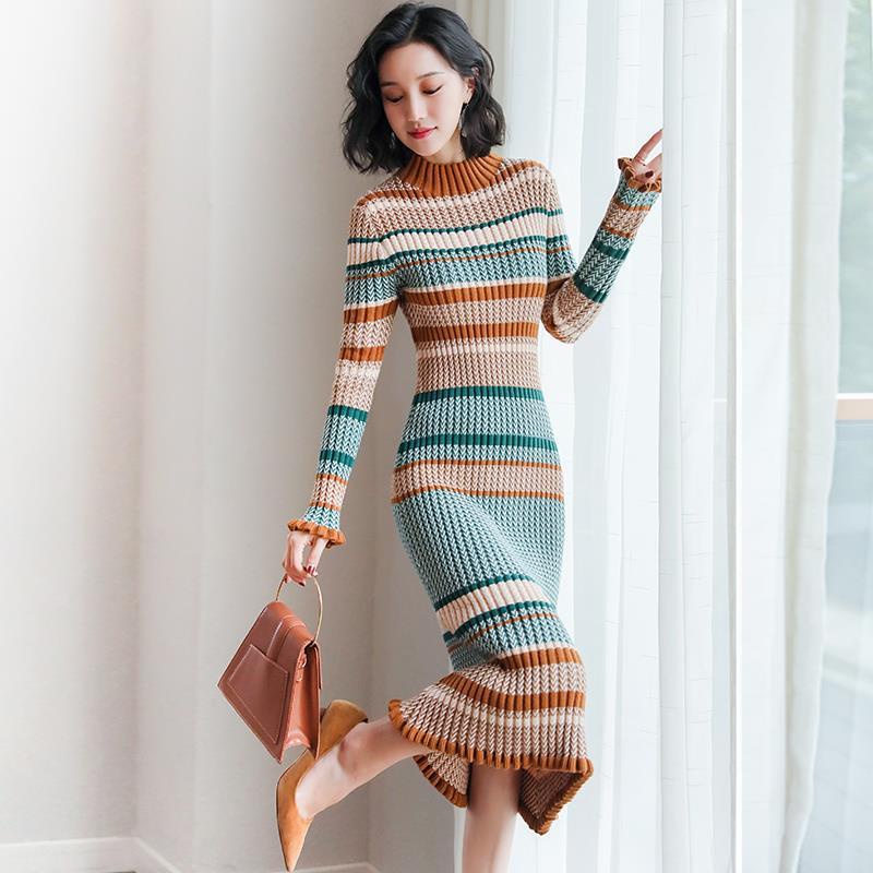Váy Dệt Kim Dài Trung Bình📣📣Đầm Len Dài Tay Cổ Lọ Phong Cách Retro Pháp Thời Trang Thu Đông Dành Cho Nữ