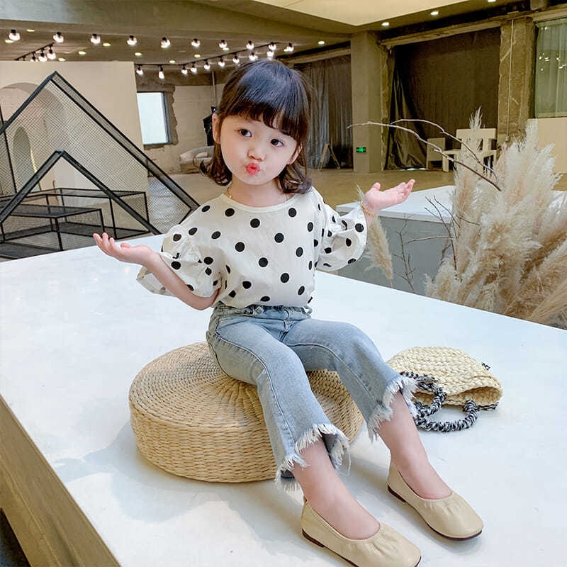 Set Áo Thun Chấm Bi + Quần Jeans Cho Bé Gái 3-10 Tuổi