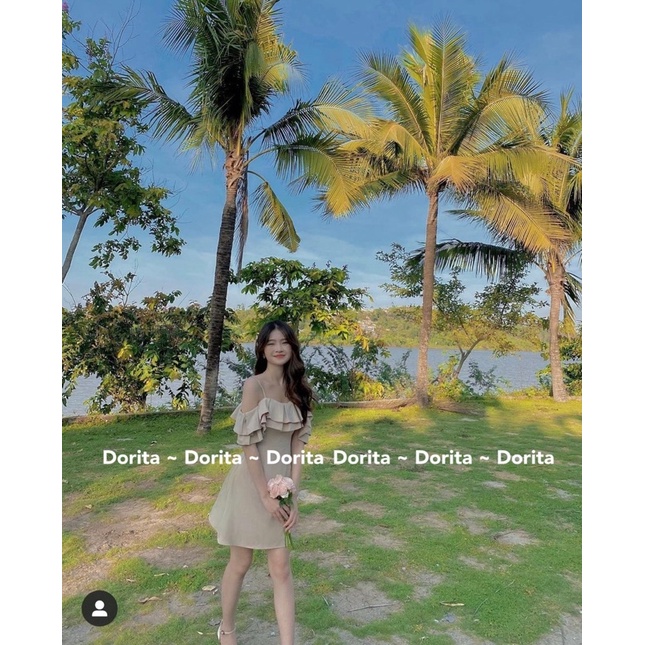 Váy 2 dây trễ vai viền bèo, Váy trắng dự tiệc viền bèo dáng xòe