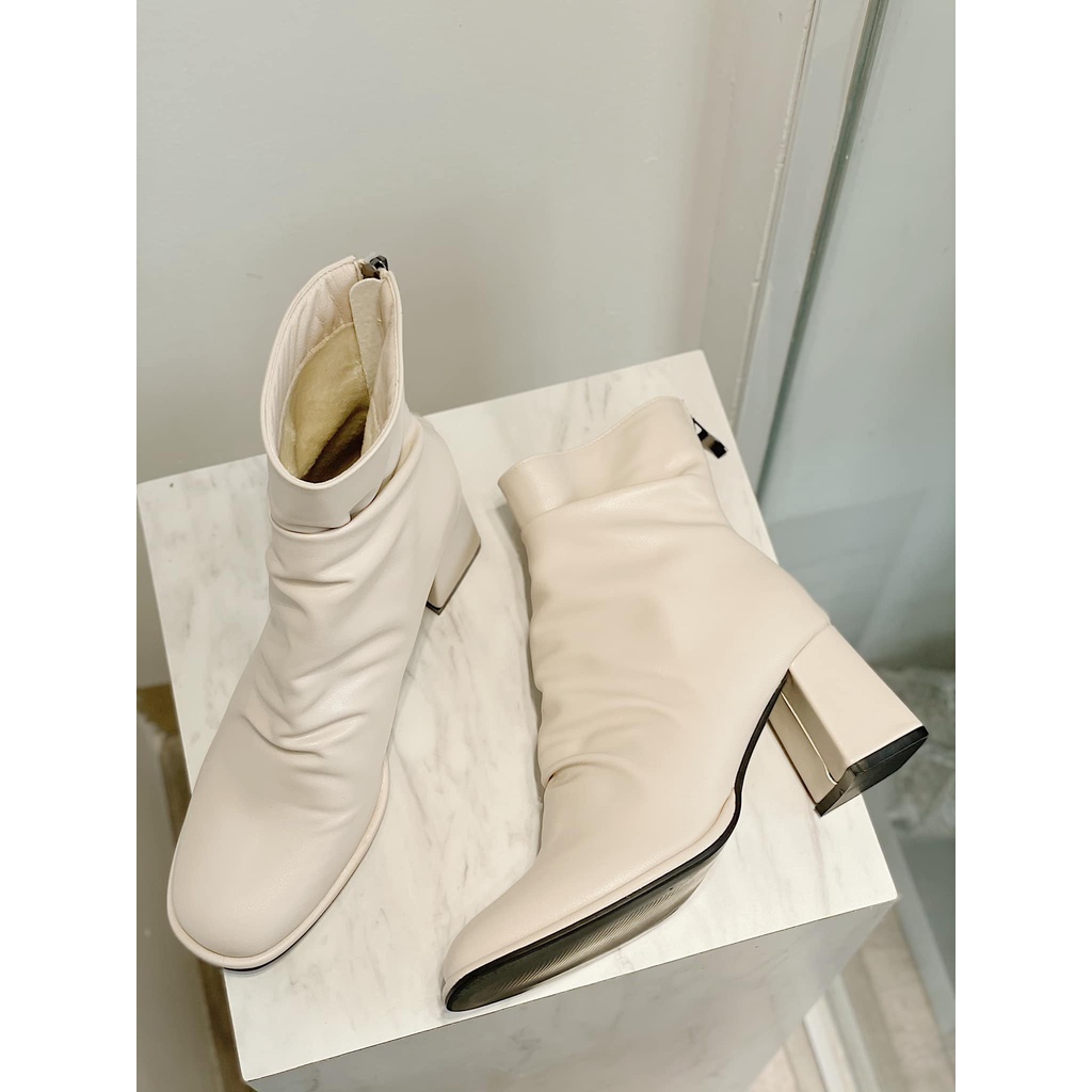 BEESHOES - BOOT NỮ NHĂN DA MỀM MŨI VUÔNG - BOOT NỮ GÓT ĐẾ TRỤ CAO 5CM CÓ SẴN MÀU ĐEN - KEM 210106