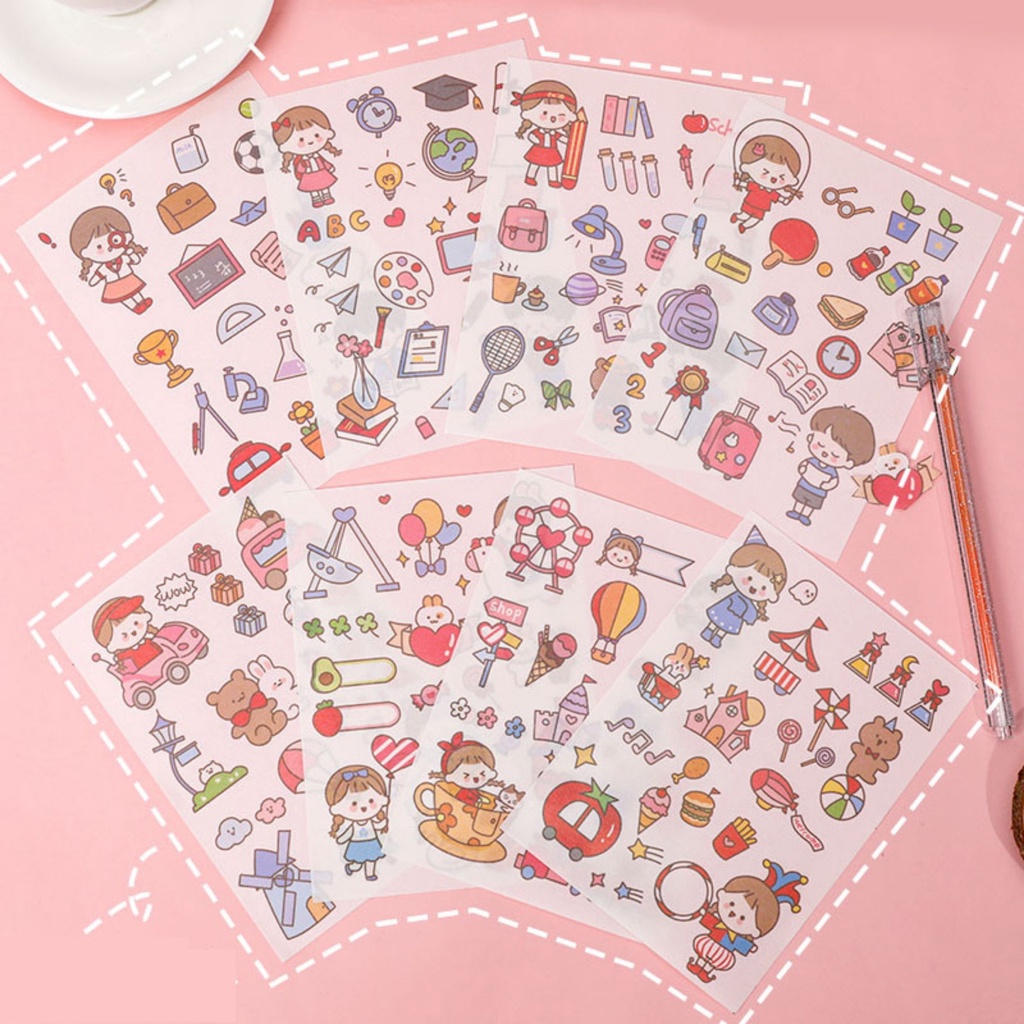 Set 4 tấm sticker cute thỏ xinh cùng các đồ dùng trong cuộc sống, hình dán sticker dễ thương