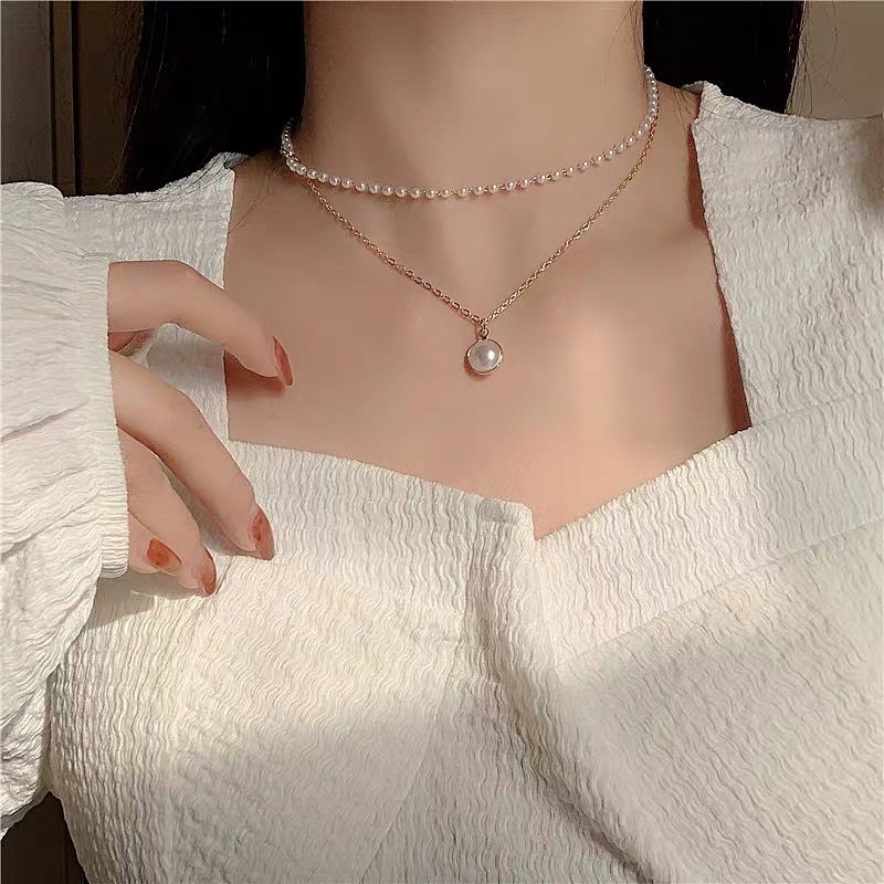 Dây chuyền nữ, vòng cổ ngọc trai nhân tạo 2 tầng phong cách tiểu thư phối đầm tiệc