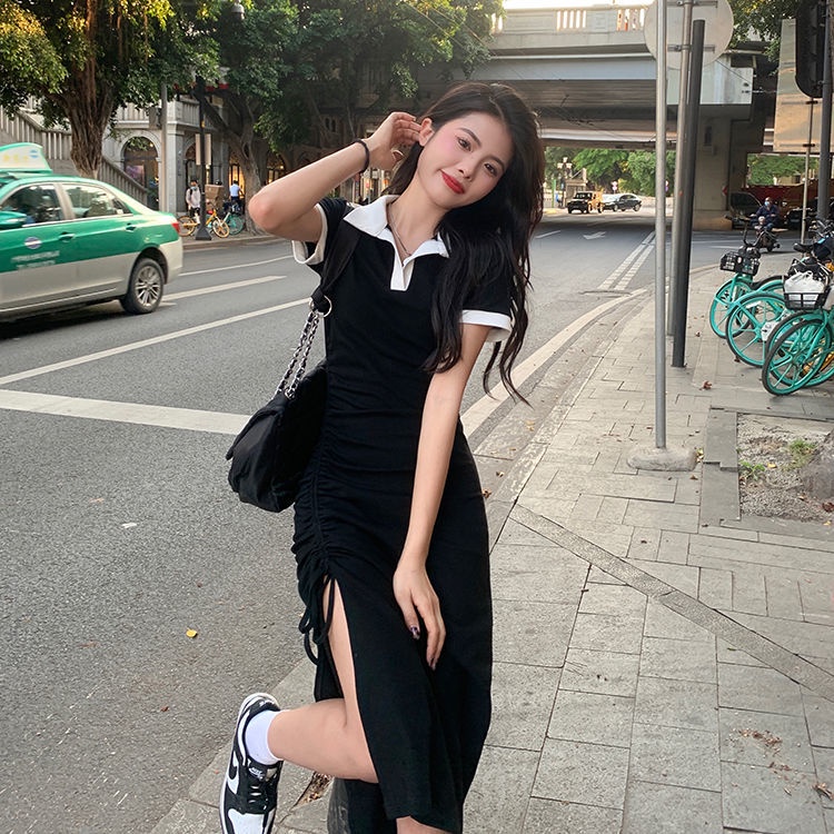 COZOK Đầm Cổ POLO Dáng Ôm Rút Dây Xếp Ly Màu Tương Phản Trẻ Trung