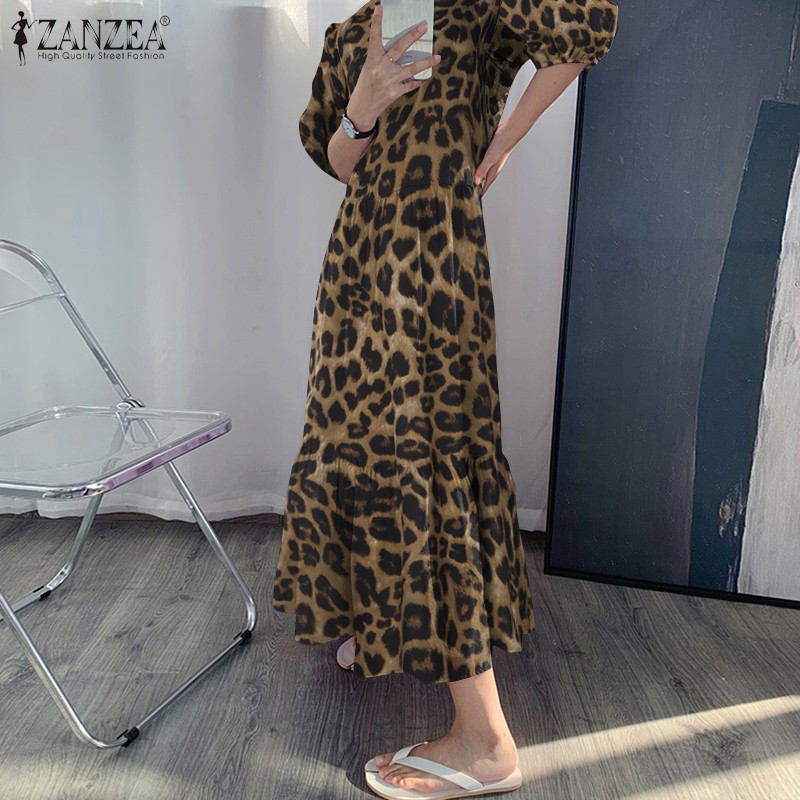ZANZEA Đầm Maxi Tay Phồng Họa Tiết Da Báo Thời Trang Cho Nữ | BigBuy360 - bigbuy360.vn