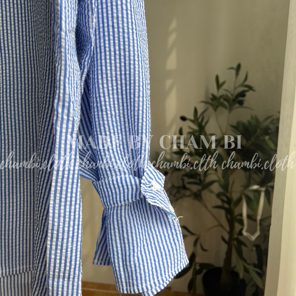 Áo sơ mi ulzzang A.292, Áo sơ mi kẻ sọc xanh cổ đức đuôi tôm tay xòe cách điệu form rộng
