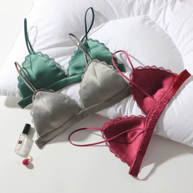 Áo Lót Bralette Vải Satin Dây Mảnh Không Gọng Viền Ren Không Đệm Mút Sexy B066