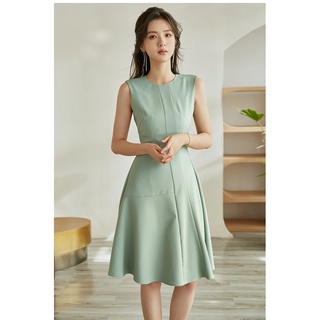 Đầm xòe dự tiệc trơn xanh ngọc cổ tròn rã thân