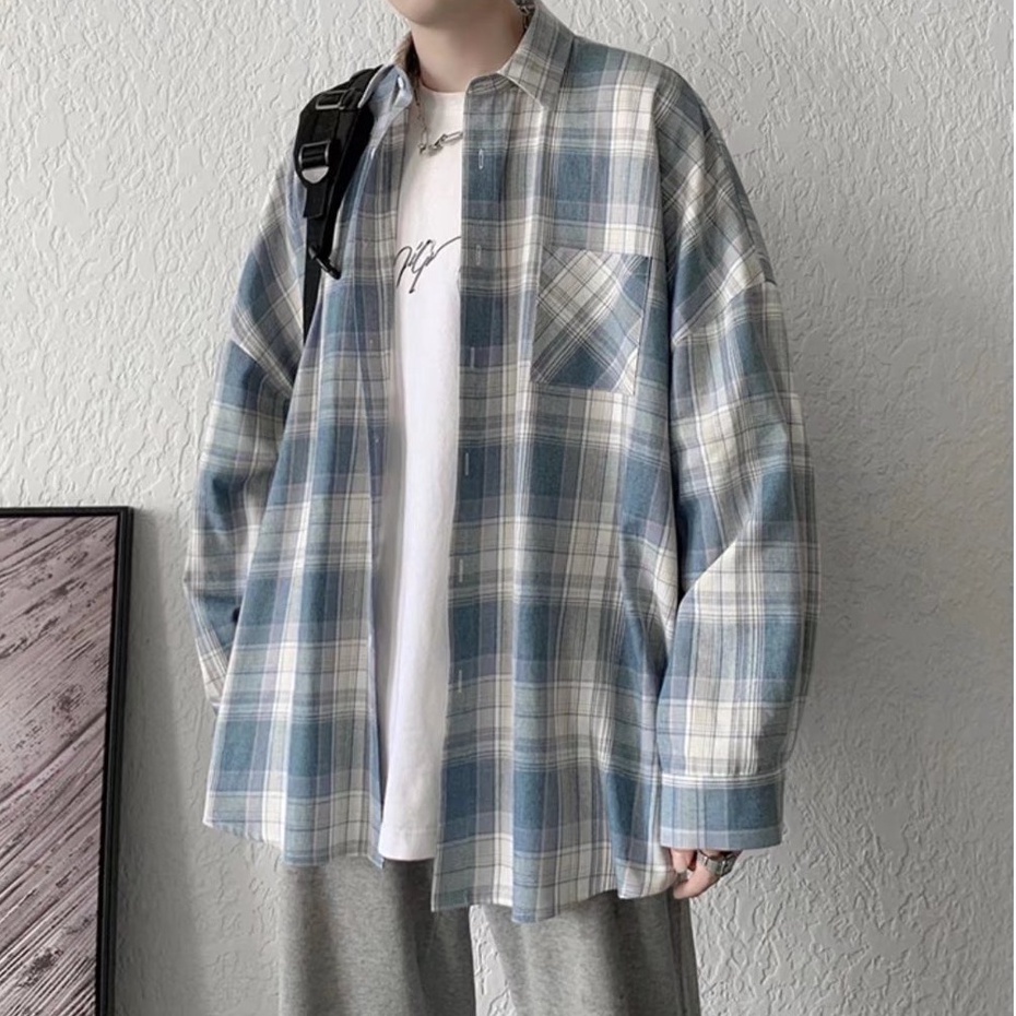 Áo Sơ Mi Caro Tay Dài Dáng Rộng Trẻ Trung Phong Cách Hàn Quốc Cho Nam Size M-3xl