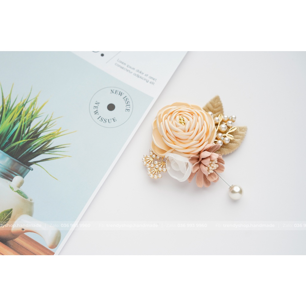 Hoa Cài Áo - Hoa trà cài áo mix hoa cúc cành trai trâm cài - Hoa vải cài áo handmade