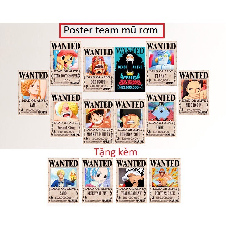 BỘ poster Wanted Truy nã Onepiece - 9 nhân vật team mũ rơm + tặng kèm 5 poster (Ace, Sabo, Jinbei,...)