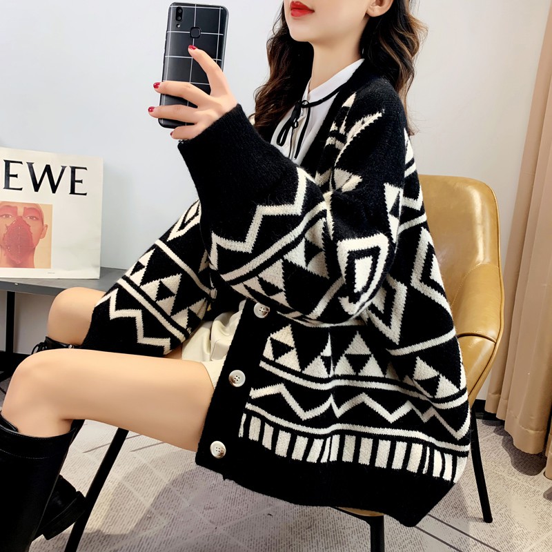 Áo Khoác Cardigan Dệt Kim Họa Tiết Hình Thoi Phong Cách Phương Tây | BigBuy360 - bigbuy360.vn