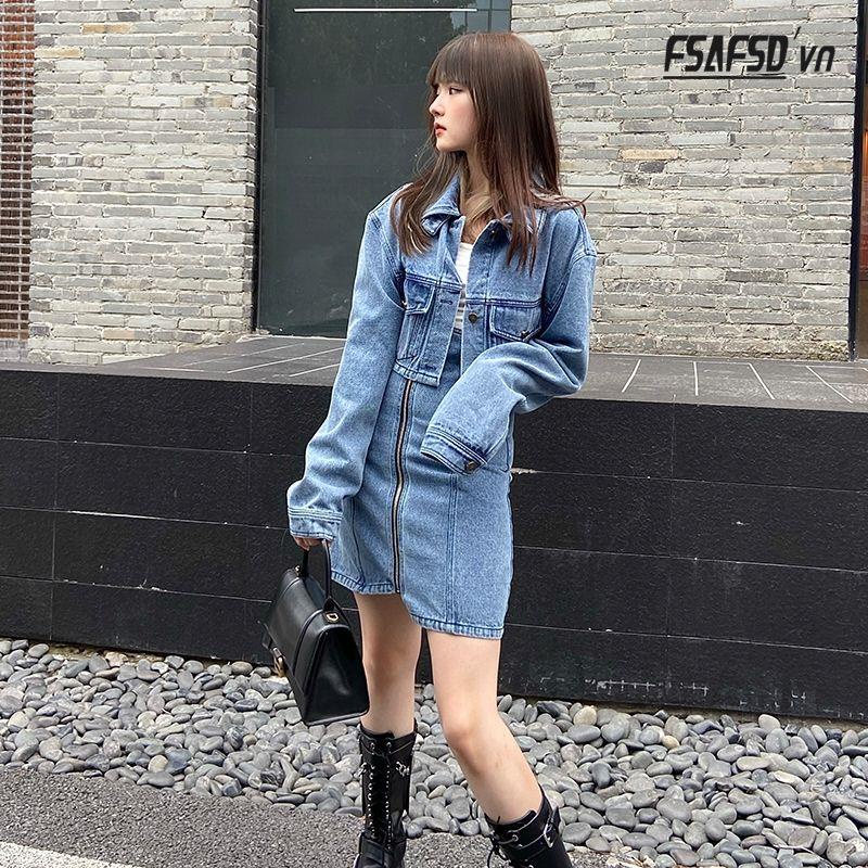 Set Áo Khoác Denim Dáng Ngắn Phối Chân Váy Lưng Cao Có Khóa Kéo Thời Trang Mùa Thu Cá Tính Cho Nữ