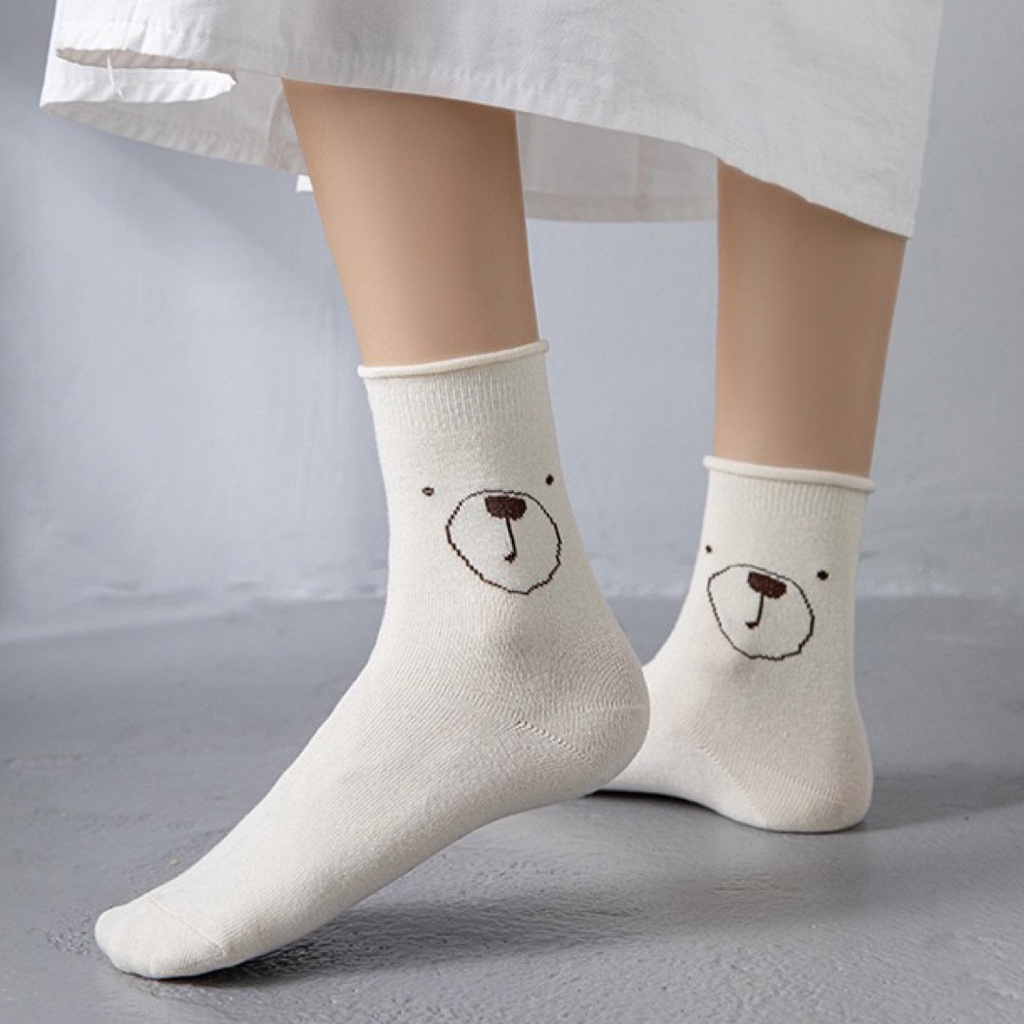 Tất nhún cổ bèo MOKANA tất cổ cao họa tiết gấu đang yêu TG02