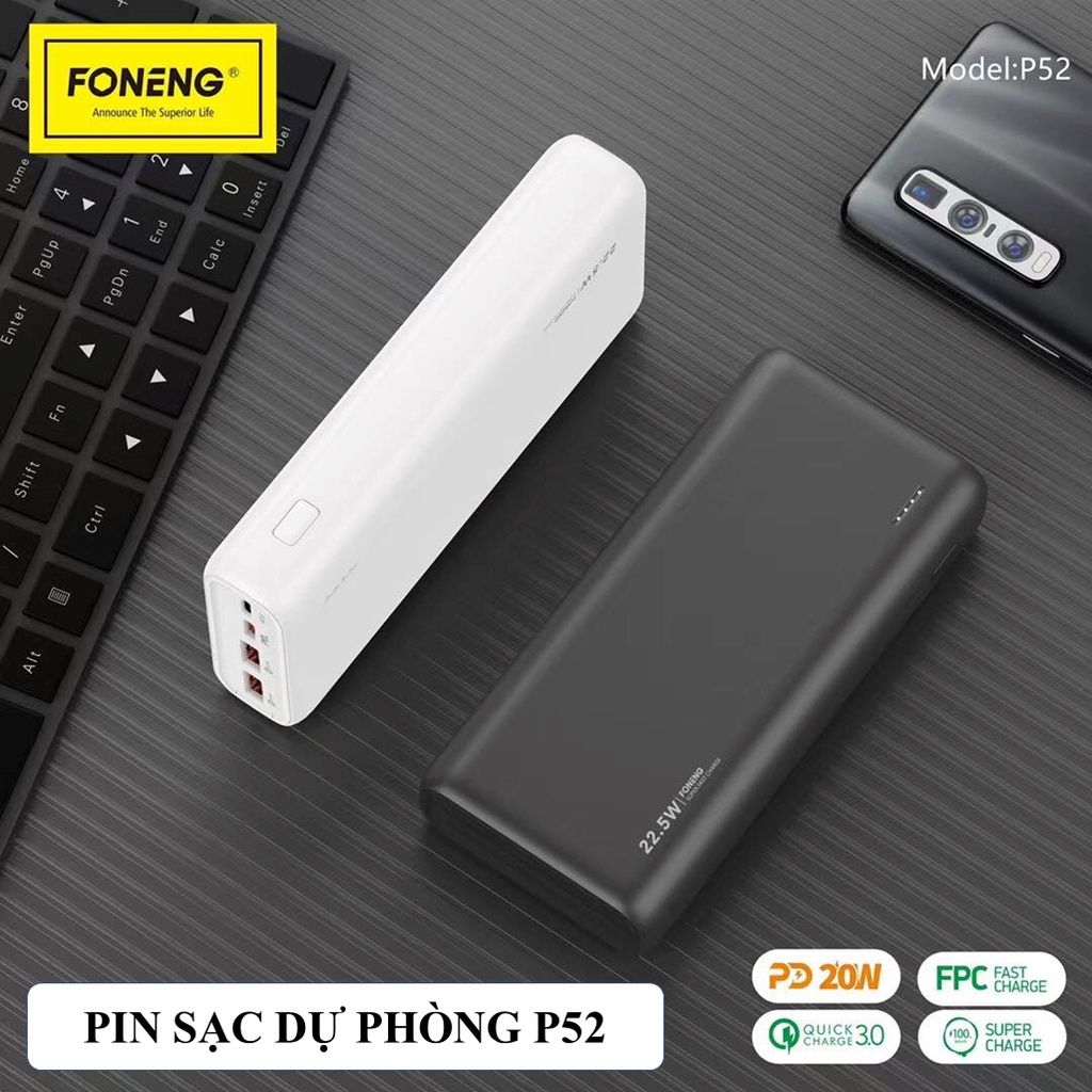 Sạc Pin Dự Phòng Foneng 20.000mAh P52- Sạc Nhanh PD 22.5W - Chính hãng Bảo Hành 12 Tháng