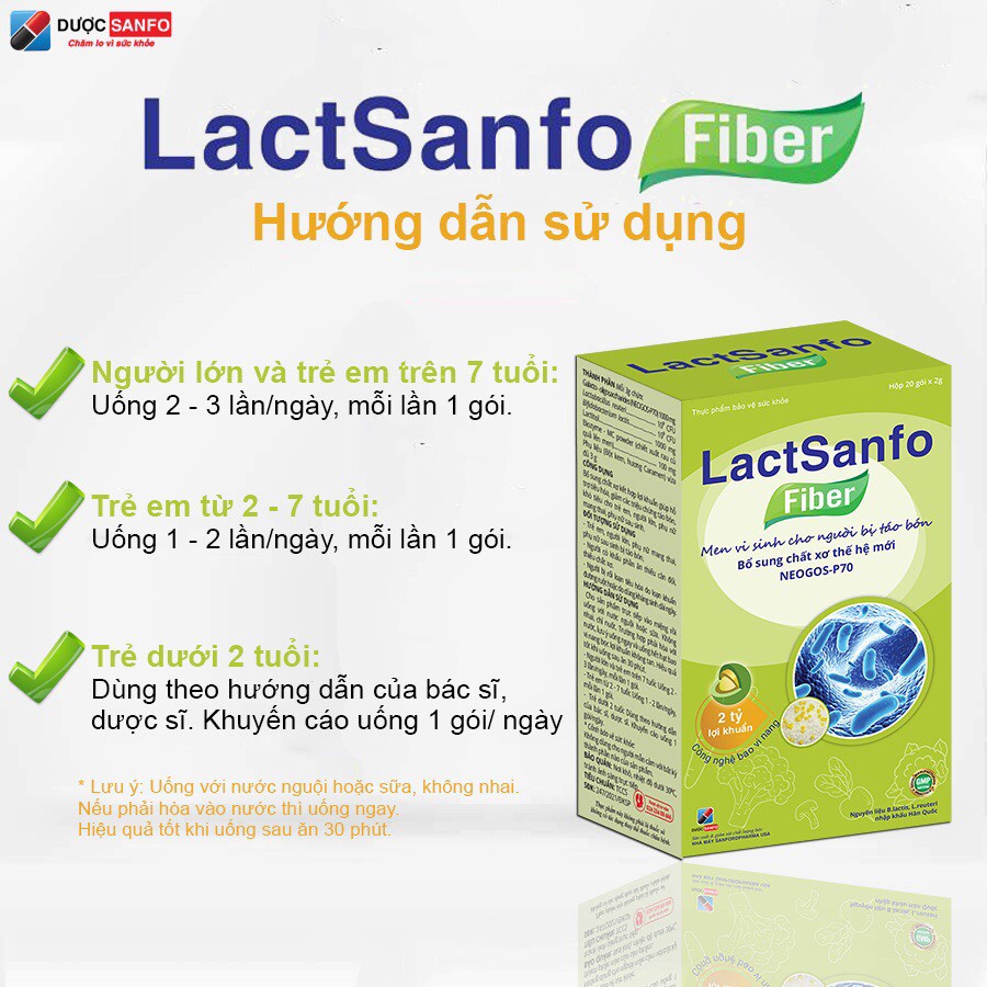 Lactsanfo Fiber men vi sinh dành cho người bị táo bón, biếng ăn Hộp 20 gói