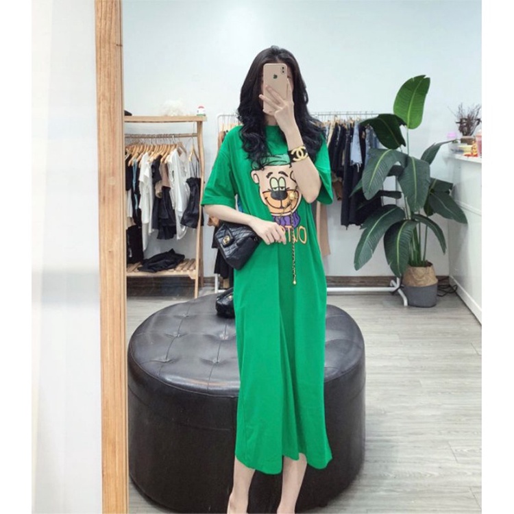 Đầm suông chất cotton cổ tròn in hoạ tiết outside freesize dáng dài - Đầm ngủ thun co dãn from rộng hình chú gấu