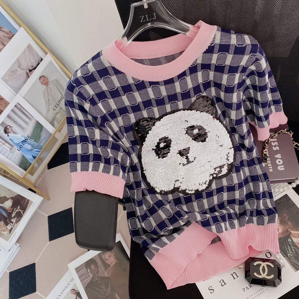 AMOI Áo Thun Tay Ngắn Họa Tiết Sọc Caro Đính Kim Sa Xinh Xắn Cho Nữ