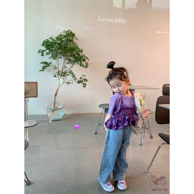 Bộ Áo Thun Cotton + Quần Yếm Nhún Bèo Phong Cách Hàn Quốc Thời Trang Mùa Hè Cho Bé Gái