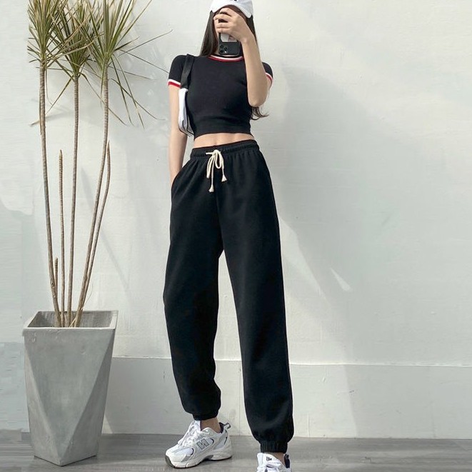 Quần jogger nữ cotton trơn ống rộng cao cấp bo gấu có dây rút phong cách Hàn Quốc trẻ trung