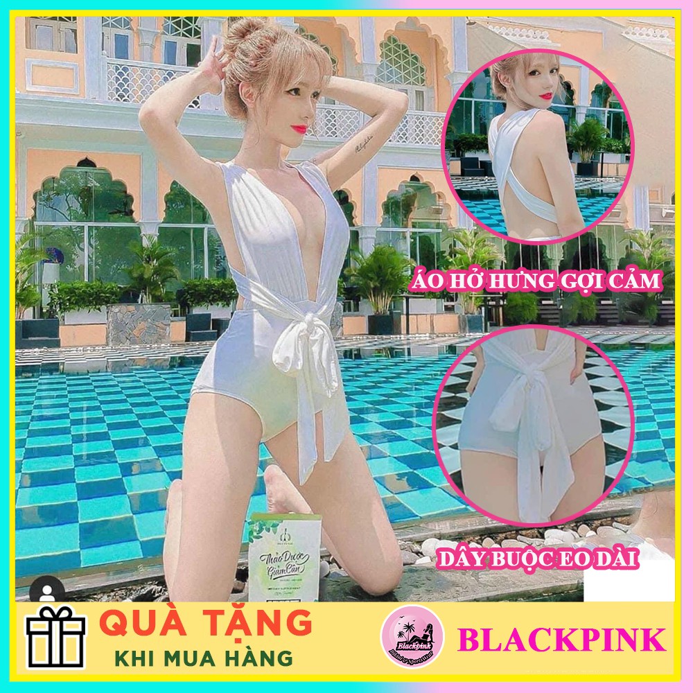 Bikini đồ bơi nữ 1 mảnh liền thần xẻ ngực hở lưng vạt dài buộc gợi cảm tặng kèm mút lót ngực tiện lợi Lm008