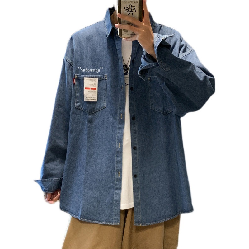 Áo sơ mi khoác ngoài vải denim tay dài thời trang đường phố mùa xuân hè thường ngày dành cho nam