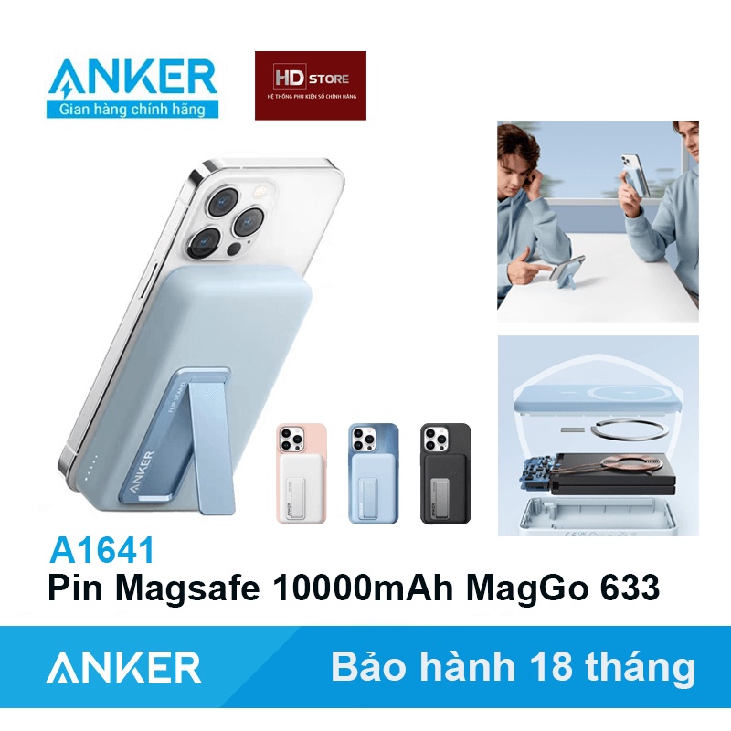 Sạc dự phòng Magnetic Anker MagGo 10000mAh 633  Hít từ tính - A1641 cho IP 12 13 Pro Max  Chân đế gập