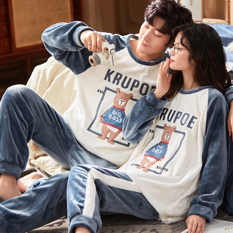 Hai bộ đồ ngủ cặp đôi giá cả phụ nữ mùa thu và đông san hô lông cừu dài tay nam phục vụ tại nhà