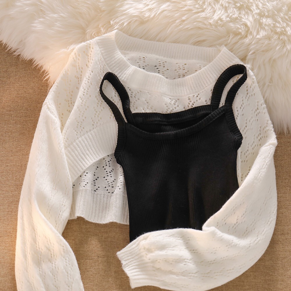 {HCM / CÓ SẴN}  SET ÁO LEN CROPTOP TRẮNG KÈM ÁO HAI DÂY ĐEN PHONG CÁCH HÀN QUỐC