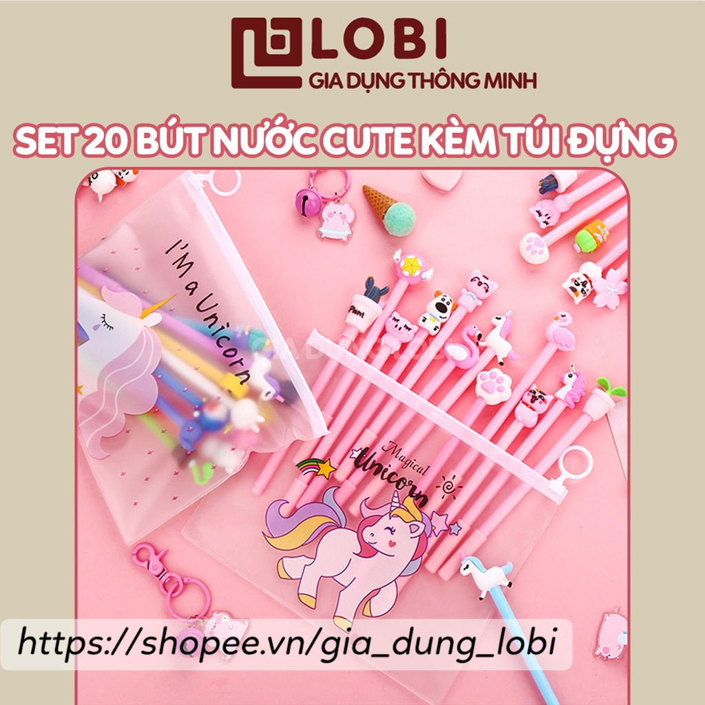 Set 20 bút bi nước hình thú đáng yêu Bút bi cute dễ thương ngộ nghĩnh, kèm túi zip đựng đồ dùng học tập văn phòng phẩm